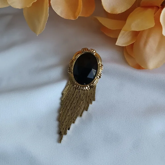 Vintage 80's Black and Gold Tassel Brooch - Picture 2 of 8